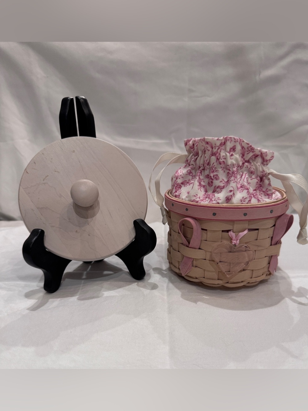 Longaberger Pink and Natural Woven Basket with Fabric Liner